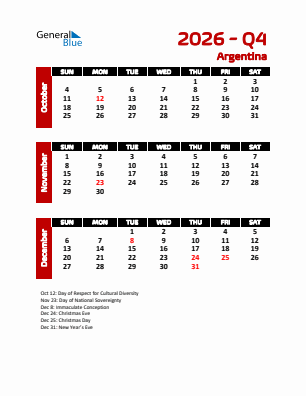 Argentina Quarter 4  2026 calendar template