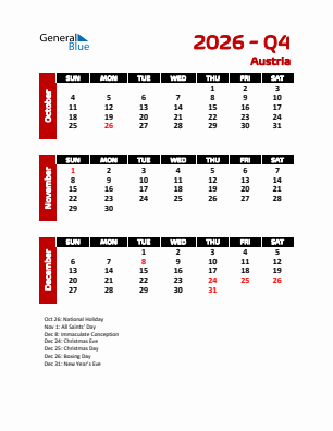 Austria Quarter 4  2026 calendar template