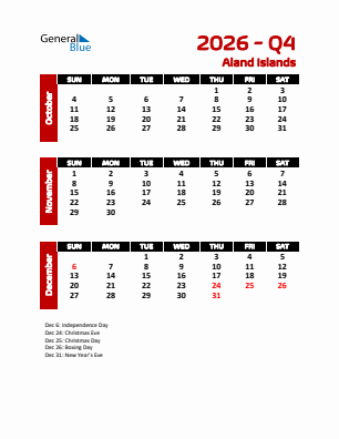 Aland Islands Quarter 4  2026 calendar template