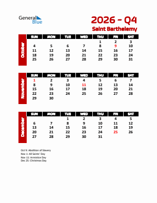 Saint Barthelemy Quarter 4  2026 calendar template