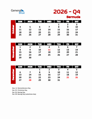 Bermuda Quarter 4  2026 calendar template