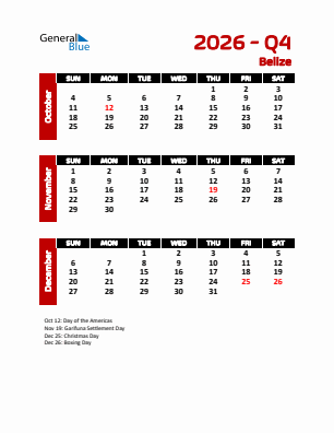 Belize Quarter 4  2026 calendar template
