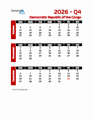 Democratic Republic of the Congo Quarter 4  2026 calendar template