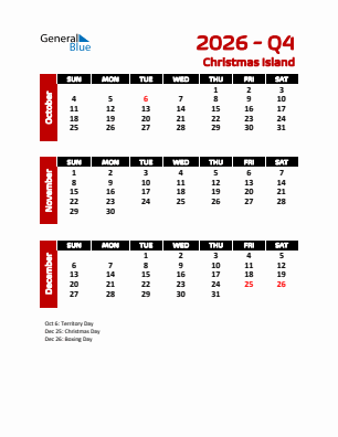 Christmas Island Quarter 4  2026 calendar template