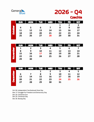 Czechia Quarter 4  2026 calendar template