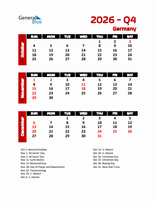 Germany Quarter 4  2026 calendar template