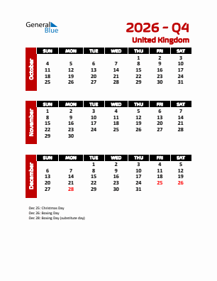 United Kingdom Quarter 4  2026 calendar template