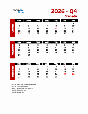 Grenada Quarter 4  2026 calendar template