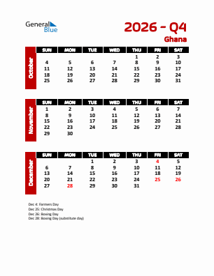 Ghana Quarter 4  2026 calendar template