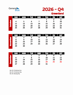 Greenland Quarter 4  2026 calendar template