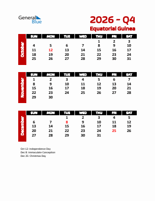 Equatorial Guinea Quarter 4  2026 calendar template