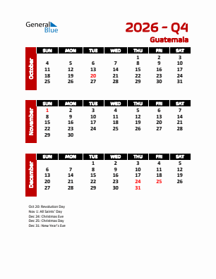 Guatemala Quarter 4  2026 calendar template