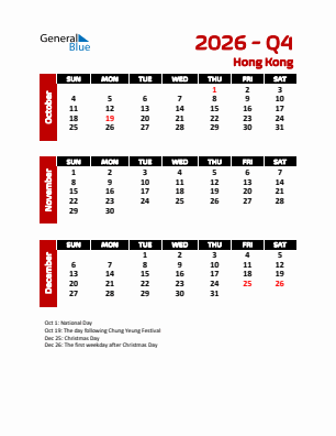 Hong Kong Quarter 4  2026 calendar template