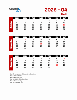 Haiti Quarter 4  2026 calendar template