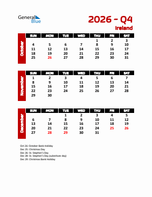 Ireland Quarter 4  2026 calendar template