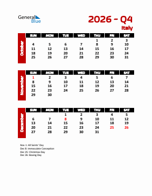 Italy Quarter 4  2026 calendar template