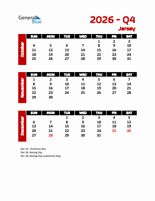 Jersey Quarter 4  2026 calendar template