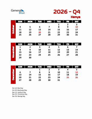 Kenya Quarter 4  2026 calendar template