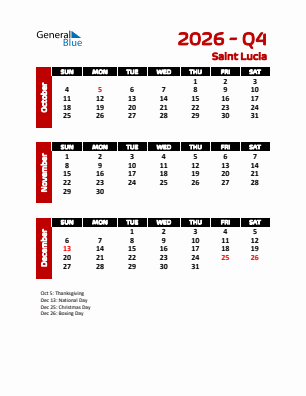 Saint Lucia Quarter 4  2026 calendar template