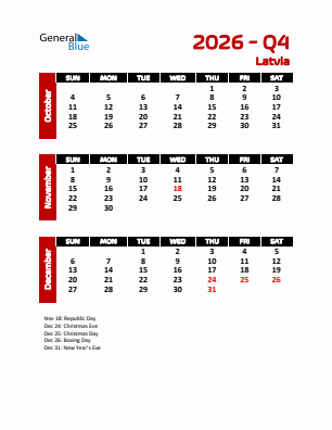 Latvia Quarter 4  2026 calendar template