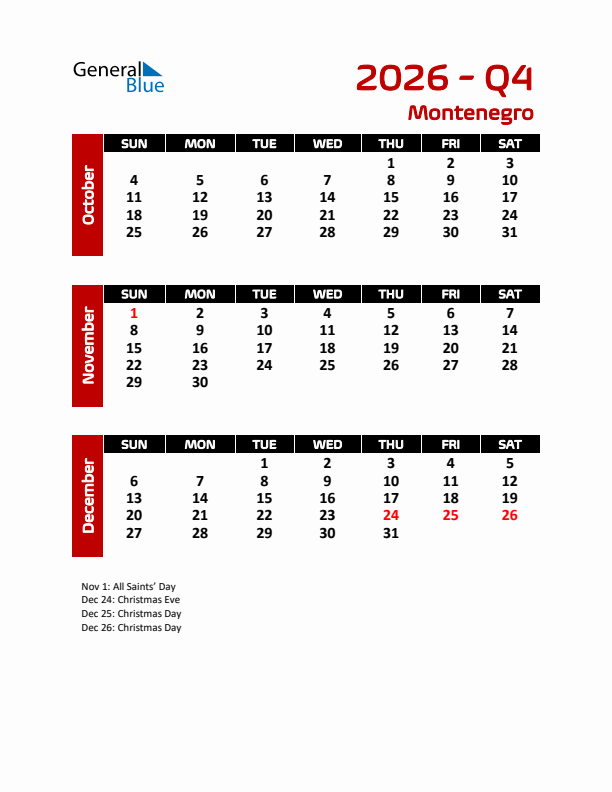 Q4 2026 Calendar with Holidays in Montenegro