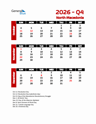 North Macedonia Quarter 4  2026 calendar template