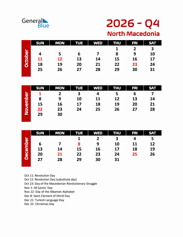 Q4 2026 Calendar with Holidays in North Macedonia
