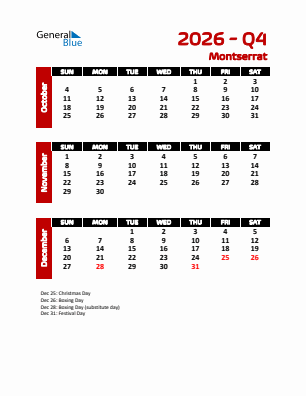 Montserrat Quarter 4  2026 calendar template