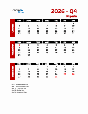 Nigeria Quarter 4  2026 calendar template
