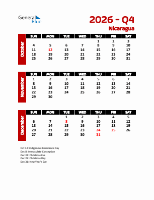 Nicaragua Quarter 4  2026 calendar template