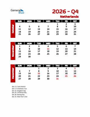 The Netherlands Quarter 4  2026 calendar template