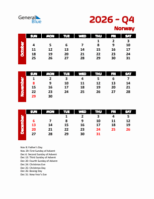 Norway Quarter 4  2026 calendar template