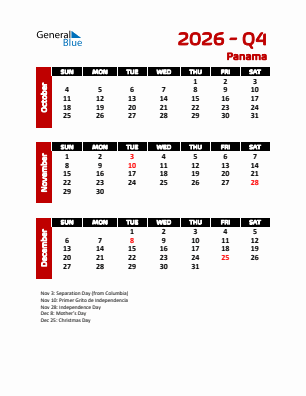 Panama Quarter 4  2026 calendar template