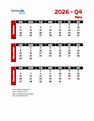 Peru Quarter 4  2026 calendar template