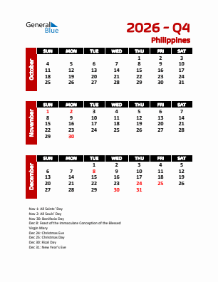 Philippines Quarter 4  2026 calendar template