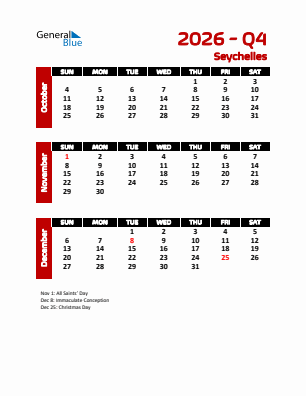 Seychelles Quarter 4  2026 calendar template