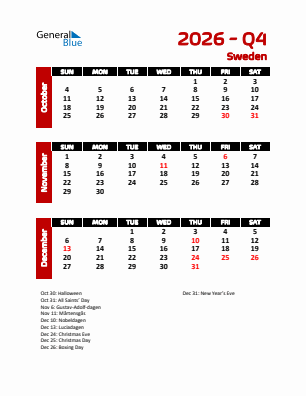 Sweden Quarter 4  2026 calendar template