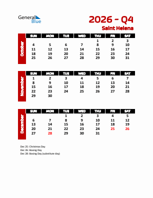 Saint Helena Quarter 4  2026 calendar template