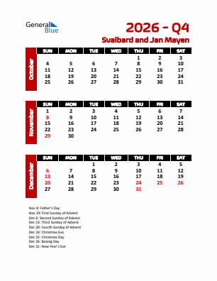 Svalbard and Jan Mayen Quarter 4  2026 calendar template