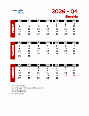 Slovakia Quarter 4  2026 calendar template