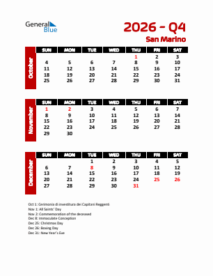 San Marino Quarter 4  2026 calendar template