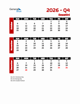 Eswatini Quarter 4  2026 calendar template