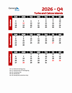 Turks and Caicos Islands Quarter 4  2026 calendar template