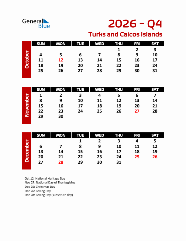 Q4 2026 Calendar with Holidays in Turks and Caicos Islands