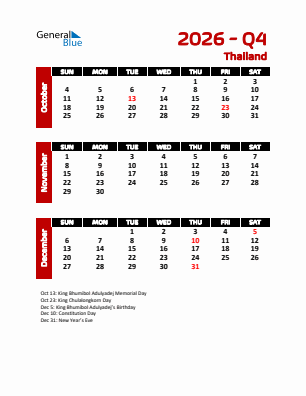 Thailand Quarter 4  2026 calendar template