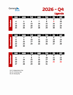 Uganda Quarter 4  2026 calendar template