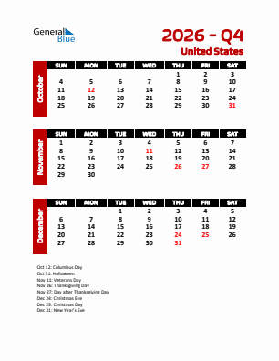 United States Quarter 4  2026 calendar template