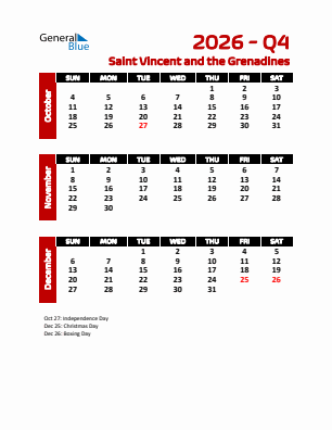 Saint Vincent and the Grenadines Quarter 4  2026 calendar template