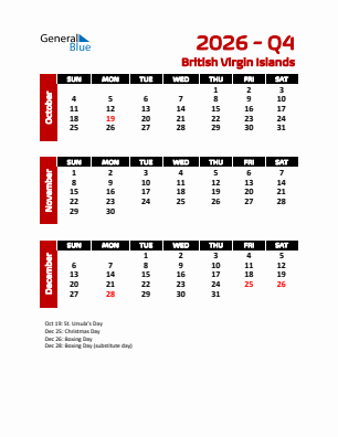 British Virgin Islands Quarter 4  2026 calendar template