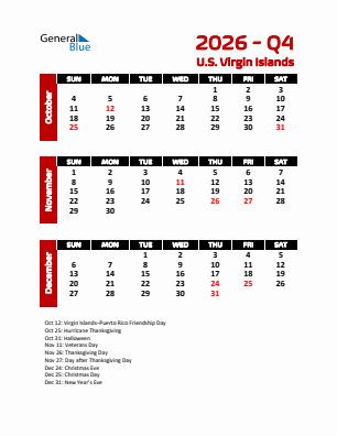 U.S. Virgin Islands Quarter 4  2026 calendar template